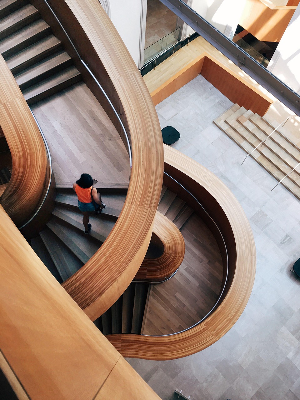 architecture, building, contemporary, design, indoors, interior design, lines and curves, luxury, modern, pattern, person, staircase, top view, wood, wooden, woman, interior design, interior design, interior design, interior design, interior design